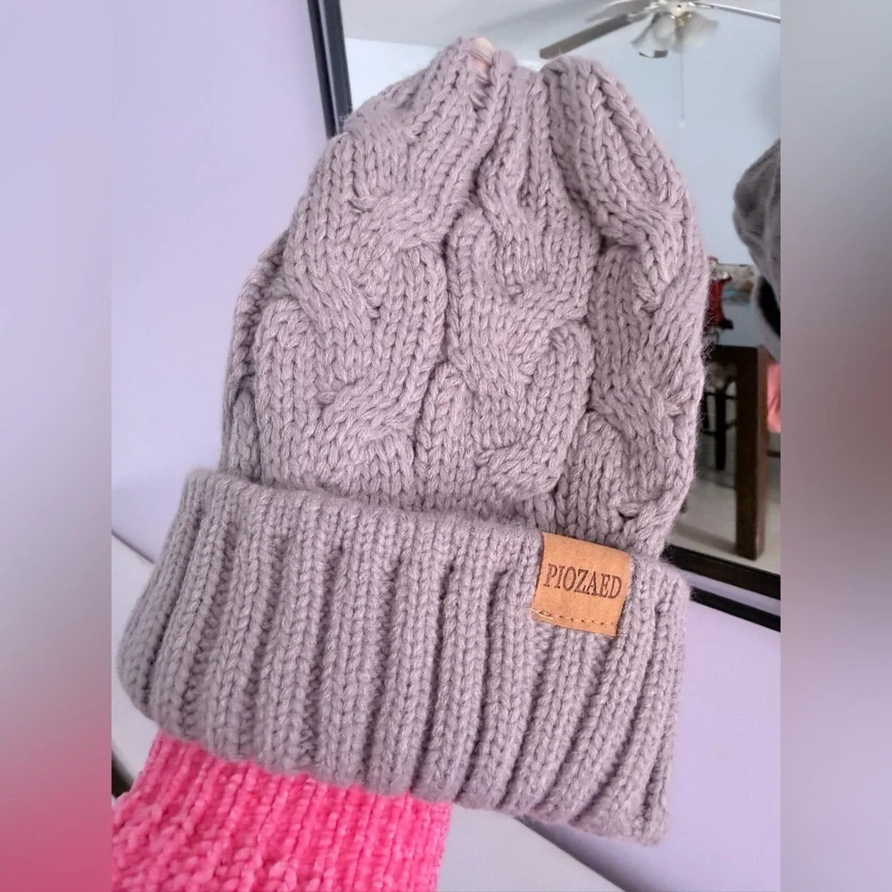 Beanie in Light Pink Piozaed  Women's Knit Toboggan Gray Winter Out Fit